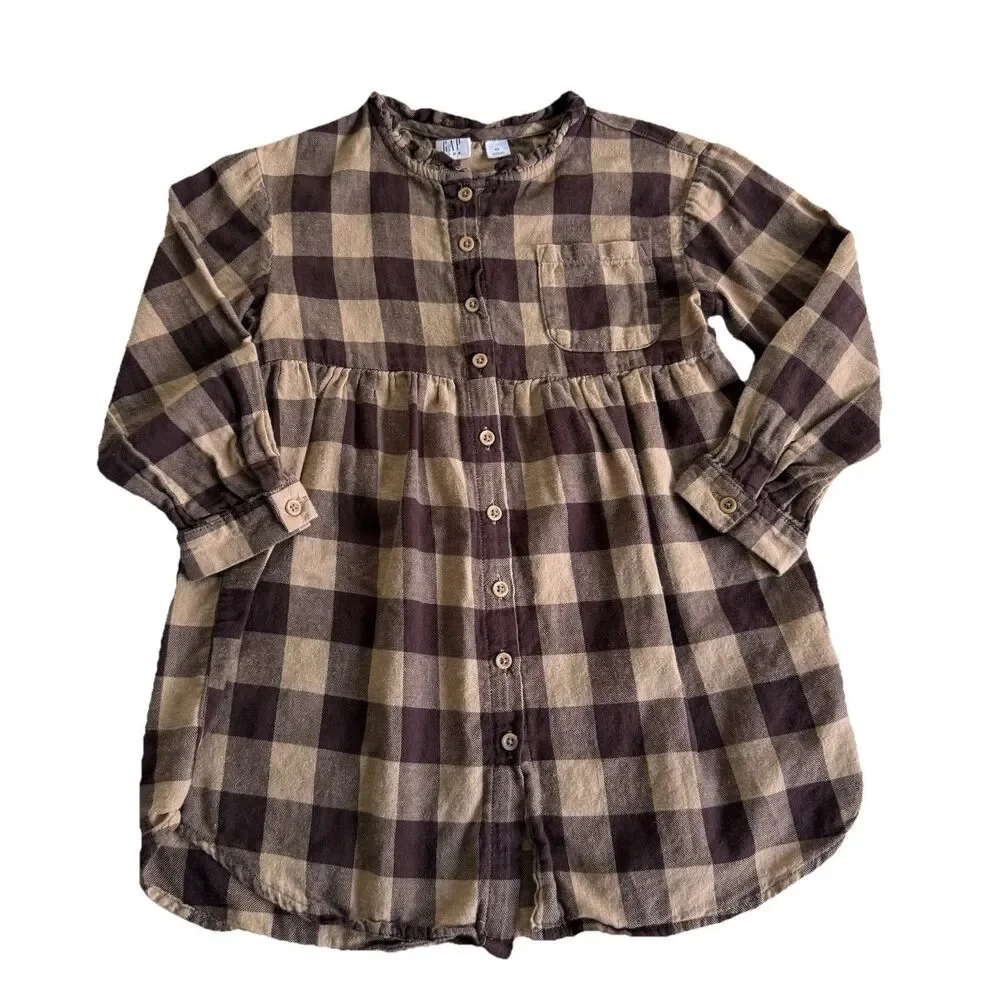 Gap Kids Girls Brown Plaid Flannel Shirt Dress Casual Neutral Button Up Sz XS